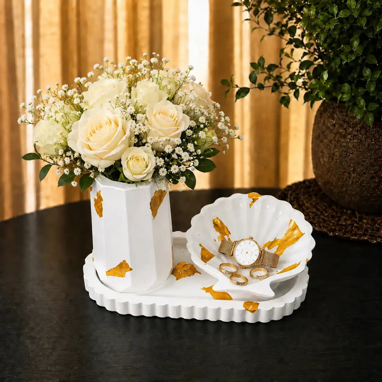 3 in 1 Bundle - Stripped Oval Tray | Shell Tray & Vase